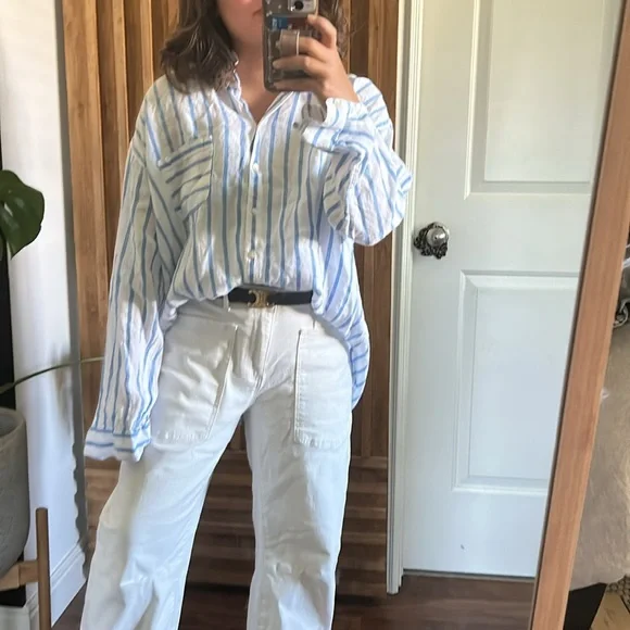 J Jill Love Linen Shirt Top Blue White Long Sleeve Striped. Size XL - Picture 5 of 12